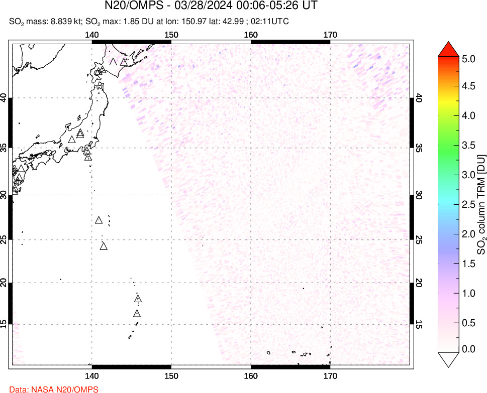 A sulfur dioxide image over Western Pacific on Mar 28, 2024.