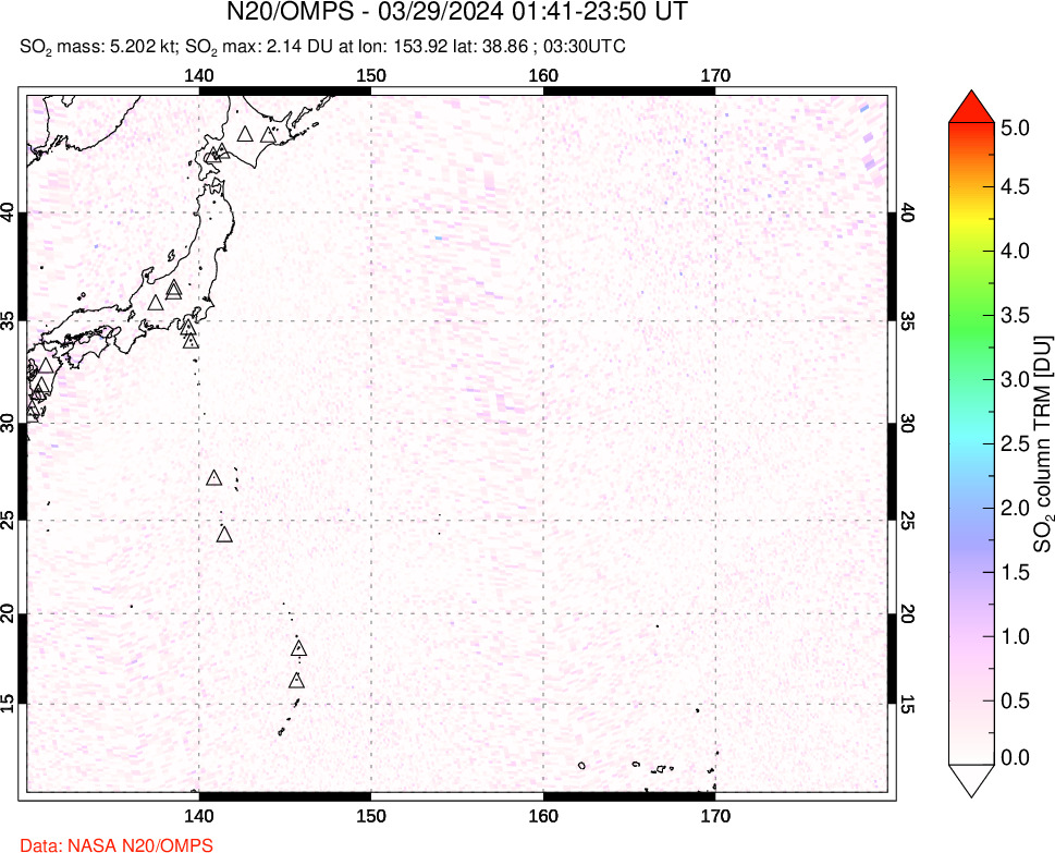 A sulfur dioxide image over Western Pacific on Mar 29, 2024.