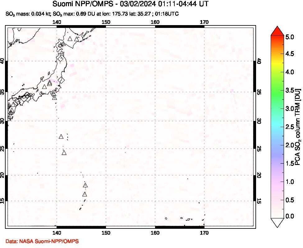 A sulfur dioxide image over Western Pacific on Mar 02, 2024.