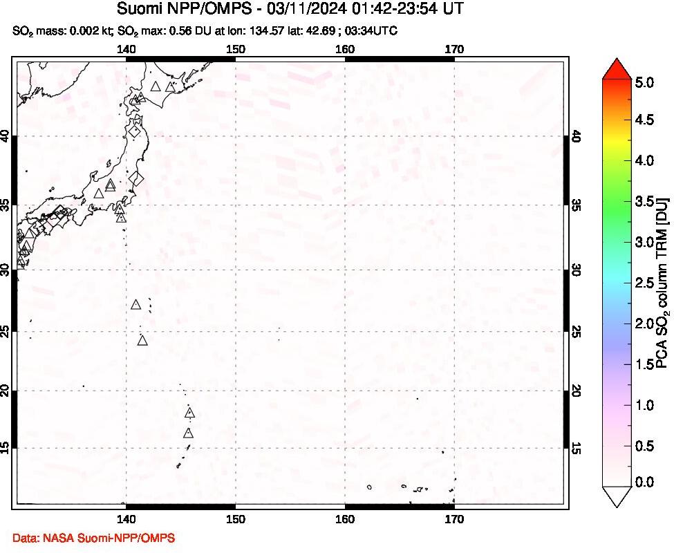 A sulfur dioxide image over Western Pacific on Mar 11, 2024.