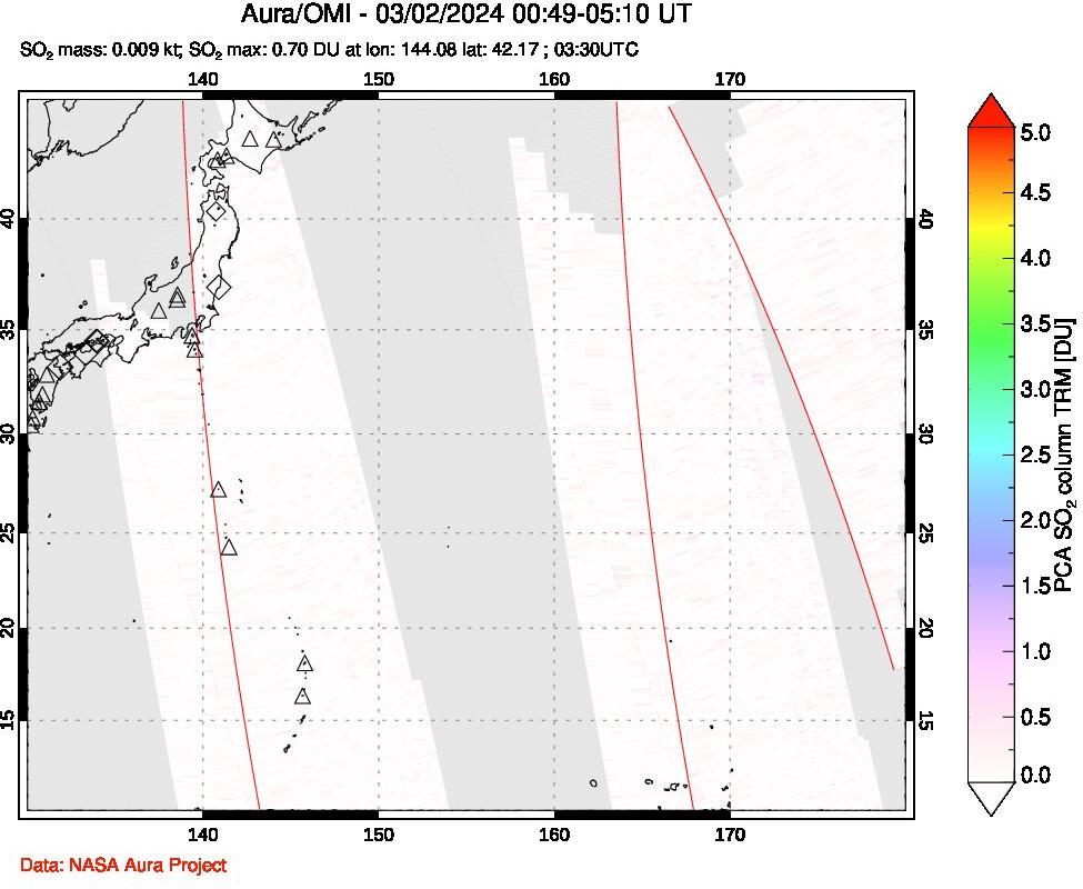 A sulfur dioxide image over Western Pacific on Mar 02, 2024.