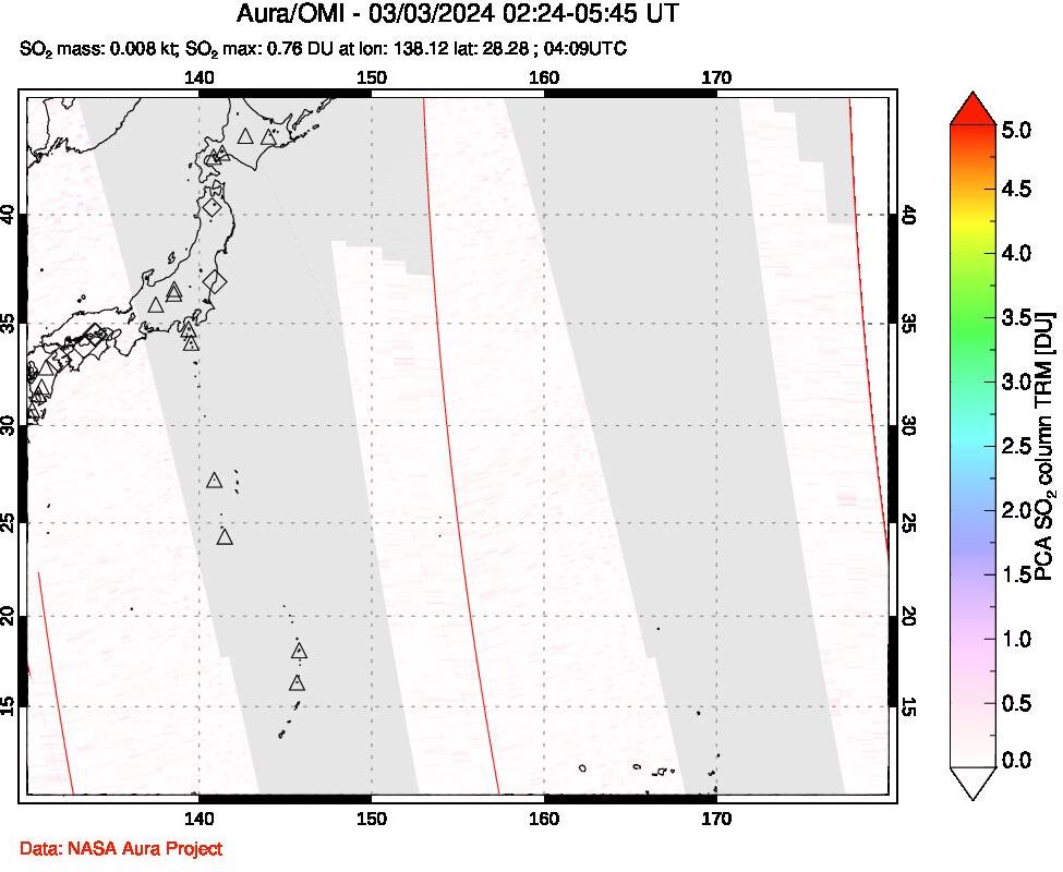 A sulfur dioxide image over Western Pacific on Mar 03, 2024.