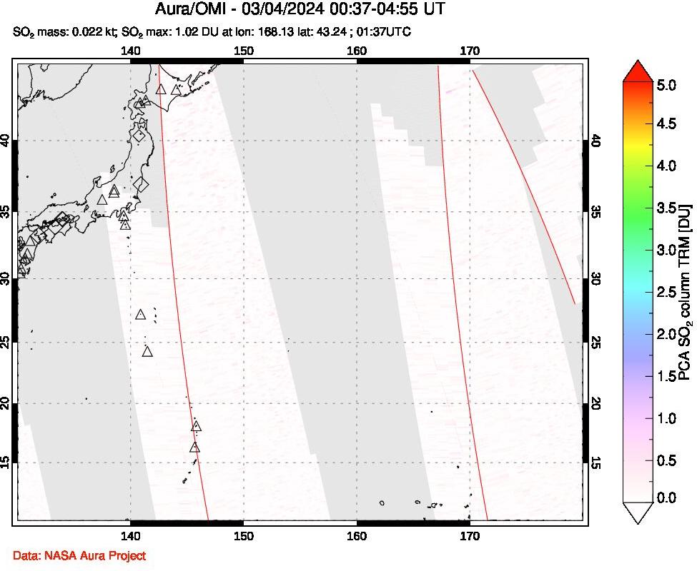 A sulfur dioxide image over Western Pacific on Mar 04, 2024.