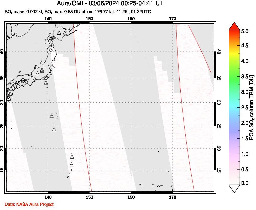 A sulfur dioxide image over Western Pacific on Mar 06, 2024.