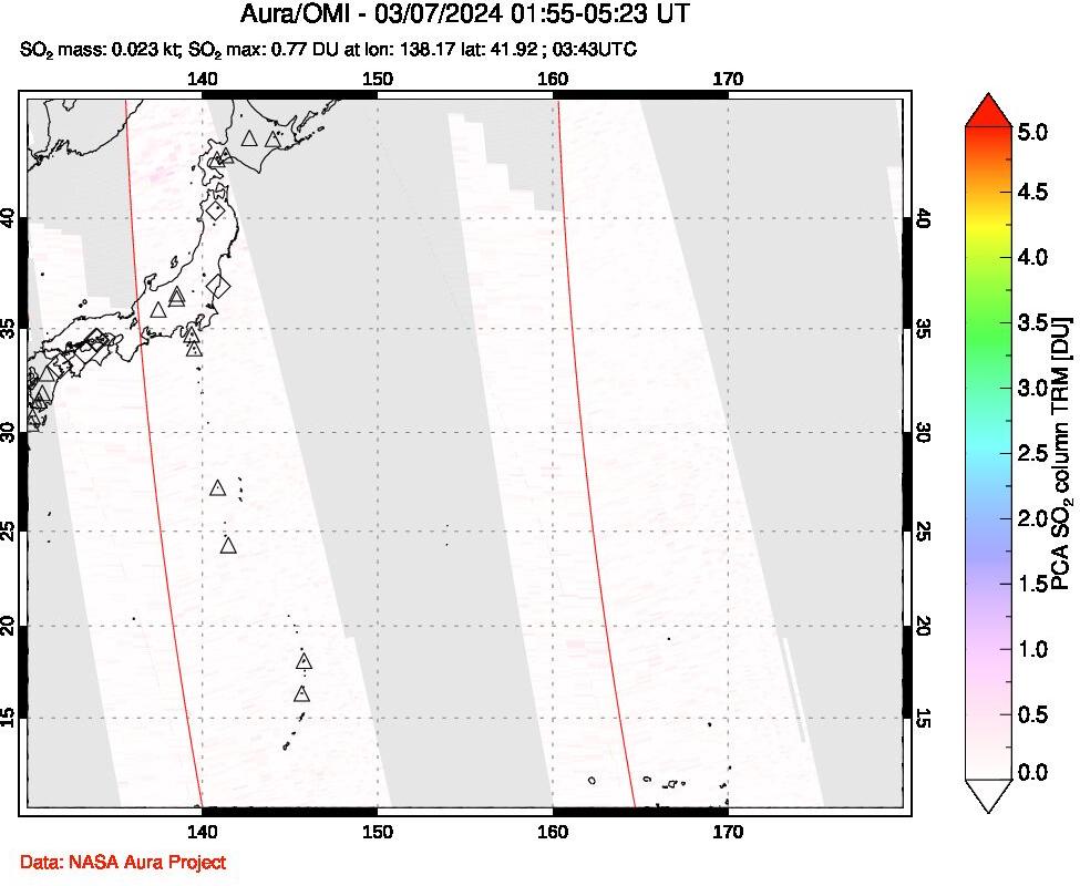 A sulfur dioxide image over Western Pacific on Mar 07, 2024.