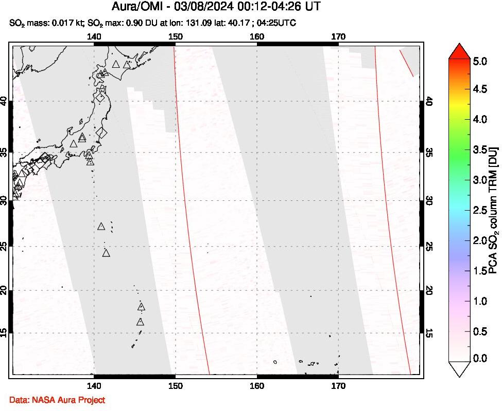 A sulfur dioxide image over Western Pacific on Mar 08, 2024.