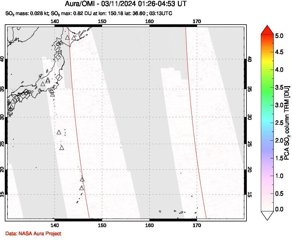 A sulfur dioxide image over Western Pacific on Mar 11, 2024.