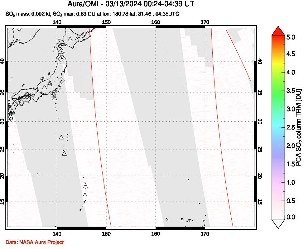 A sulfur dioxide image over Western Pacific on Mar 13, 2024.