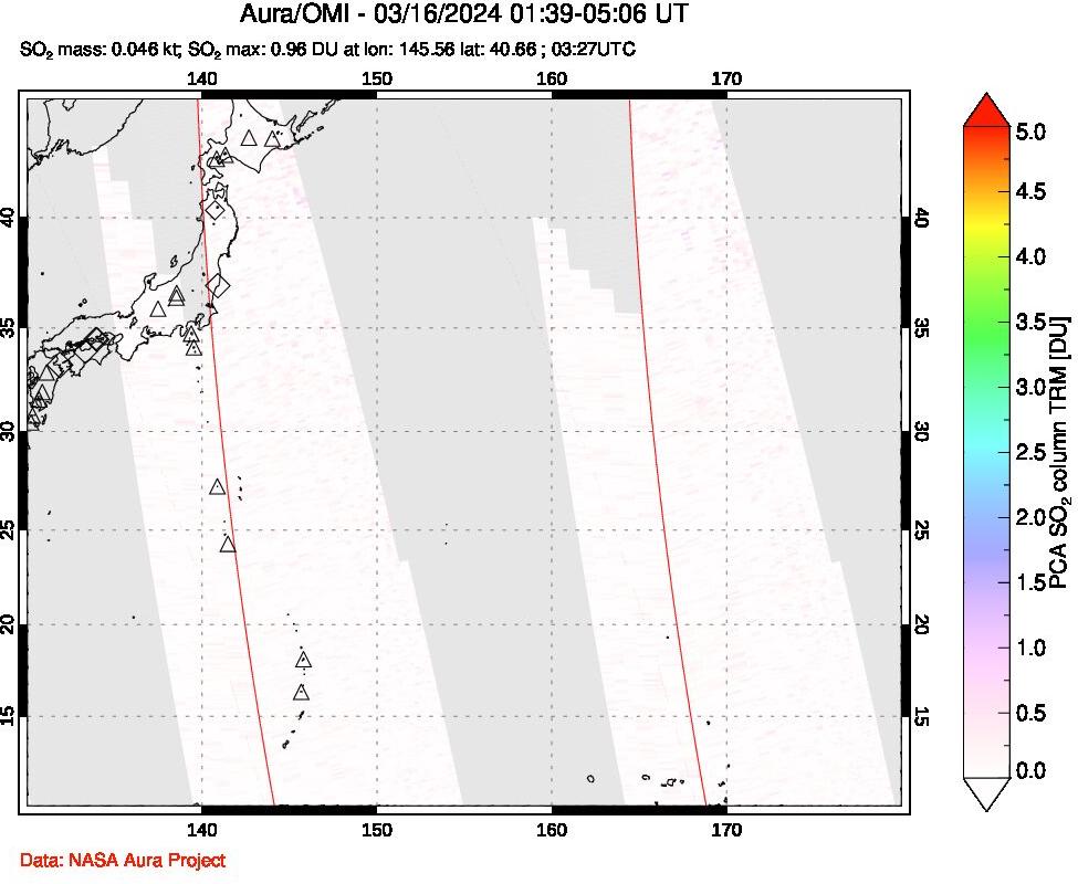 A sulfur dioxide image over Western Pacific on Mar 16, 2024.