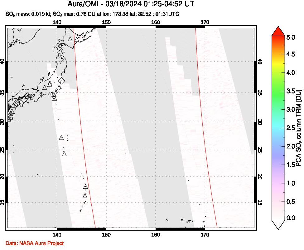 A sulfur dioxide image over Western Pacific on Mar 18, 2024.