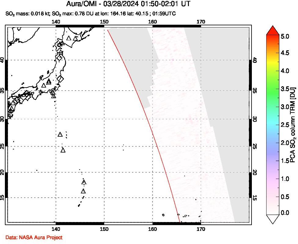 A sulfur dioxide image over Western Pacific on Mar 28, 2024.