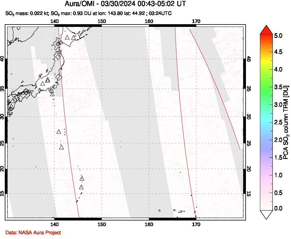 A sulfur dioxide image over Western Pacific on Mar 30, 2024.