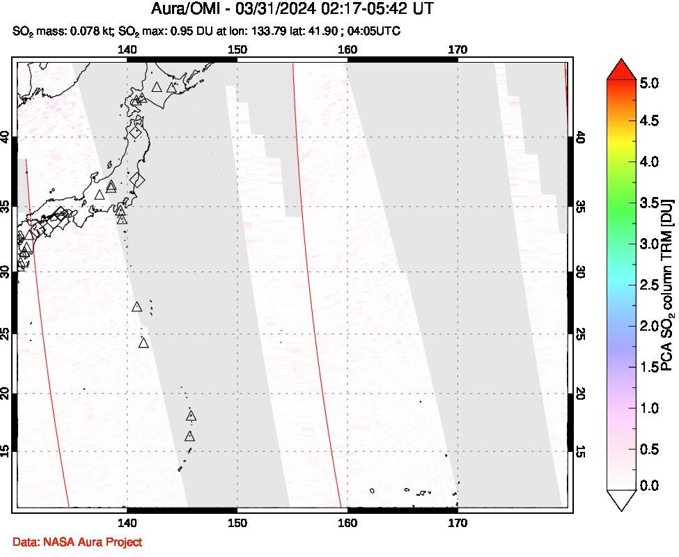 A sulfur dioxide image over Western Pacific on Mar 31, 2024.