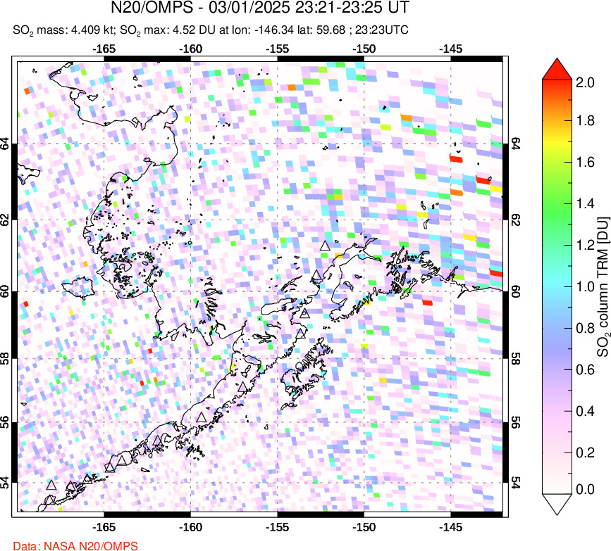 A sulfur dioxide image over Alaska, USA on Mar 01, 2025.