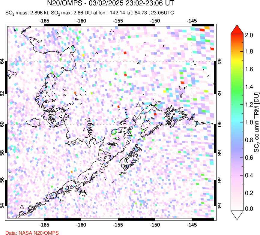 A sulfur dioxide image over Alaska, USA on Mar 02, 2025.