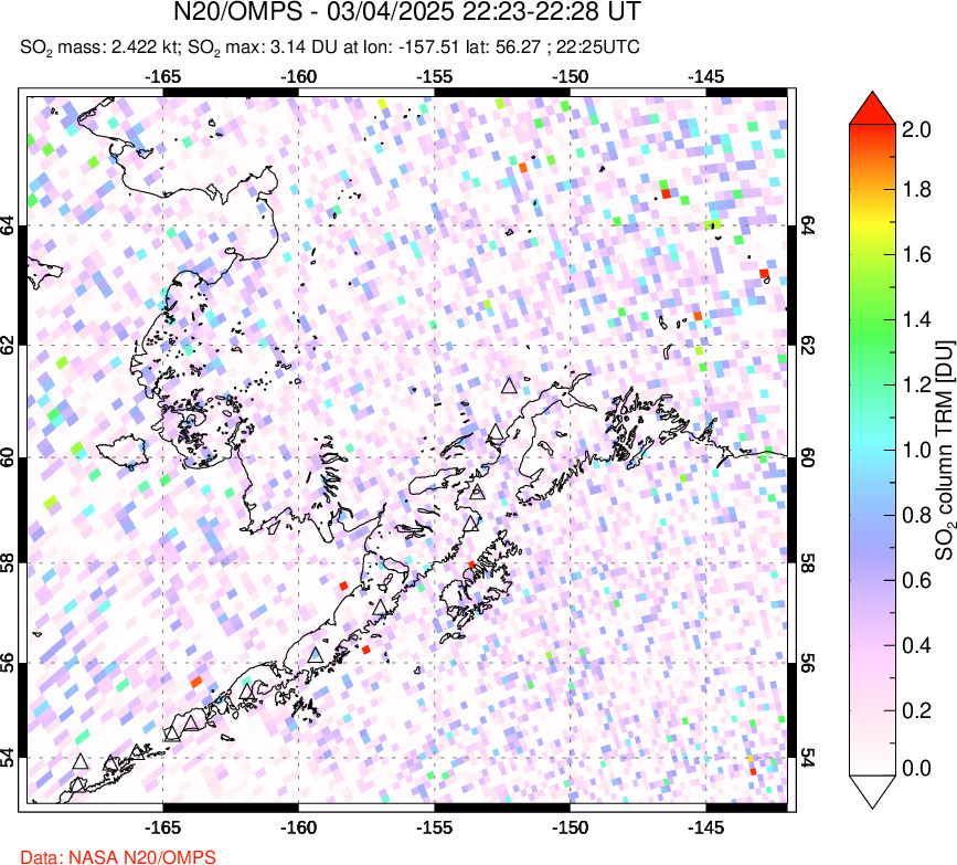 A sulfur dioxide image over Alaska, USA on Mar 04, 2025.