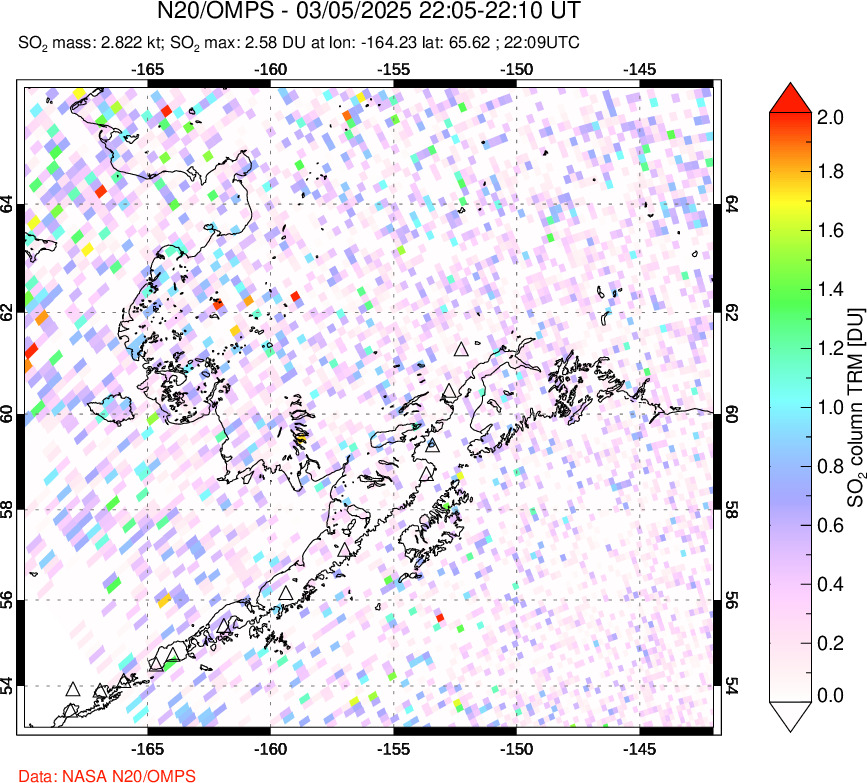 A sulfur dioxide image over Alaska, USA on Mar 05, 2025.