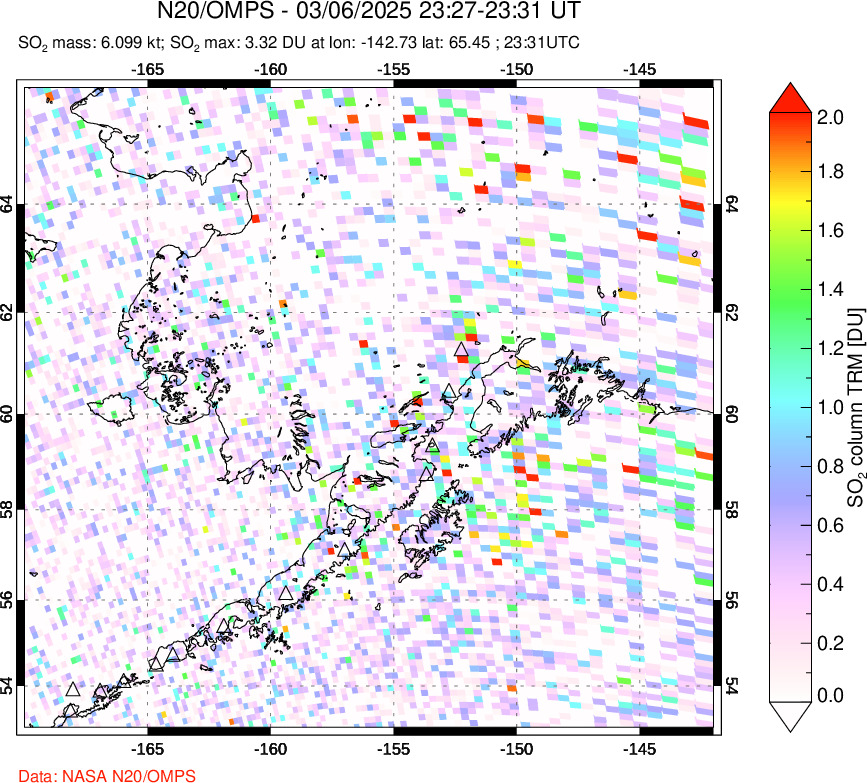 A sulfur dioxide image over Alaska, USA on Mar 06, 2025.