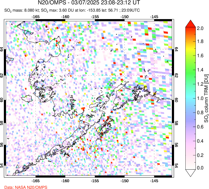 A sulfur dioxide image over Alaska, USA on Mar 07, 2025.