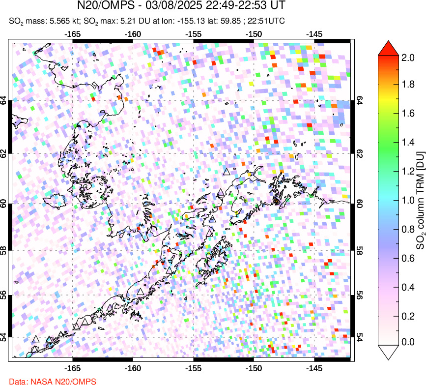 A sulfur dioxide image over Alaska, USA on Mar 08, 2025.