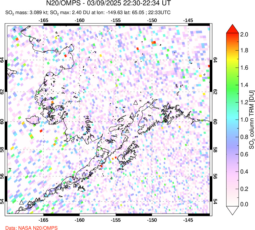 A sulfur dioxide image over Alaska, USA on Mar 09, 2025.