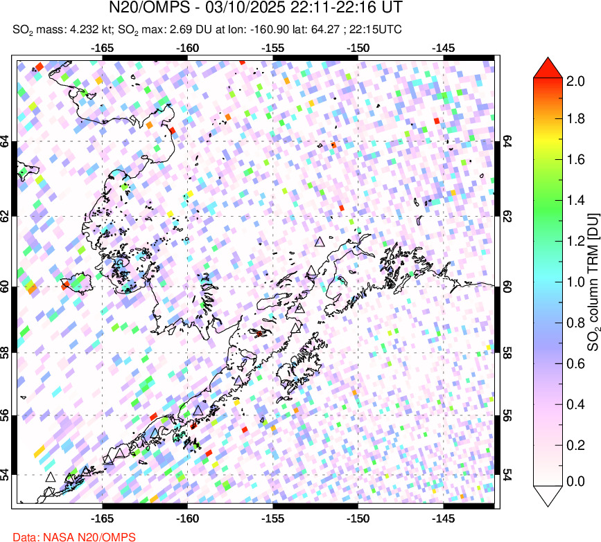 A sulfur dioxide image over Alaska, USA on Mar 10, 2025.