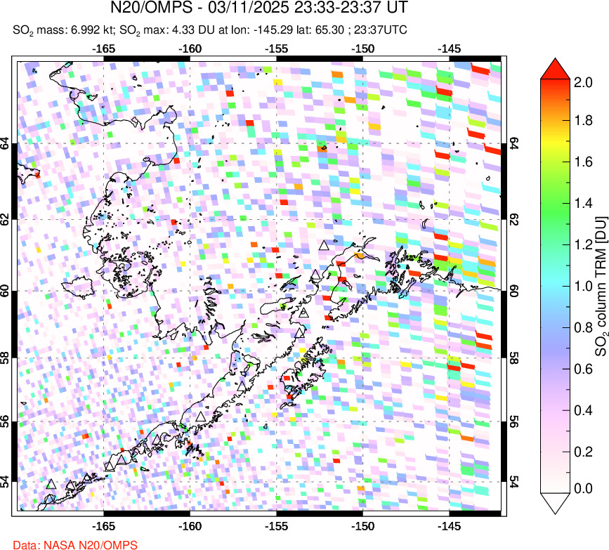 A sulfur dioxide image over Alaska, USA on Mar 11, 2025.