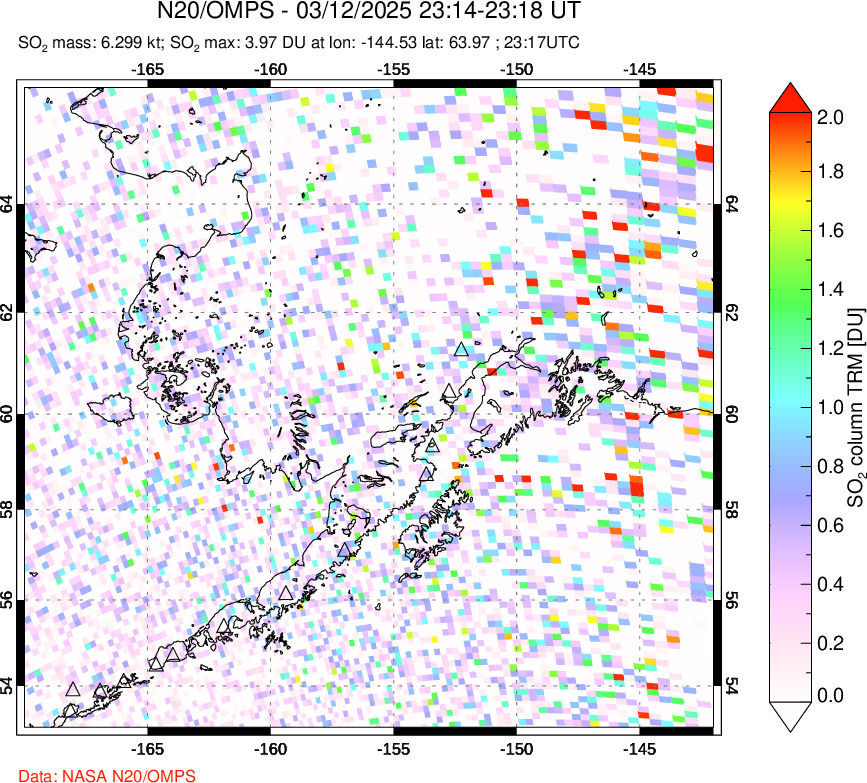 A sulfur dioxide image over Alaska, USA on Mar 12, 2025.