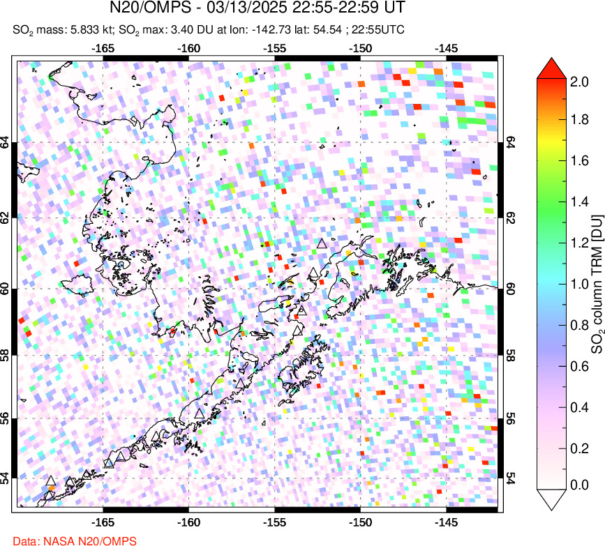 A sulfur dioxide image over Alaska, USA on Mar 13, 2025.