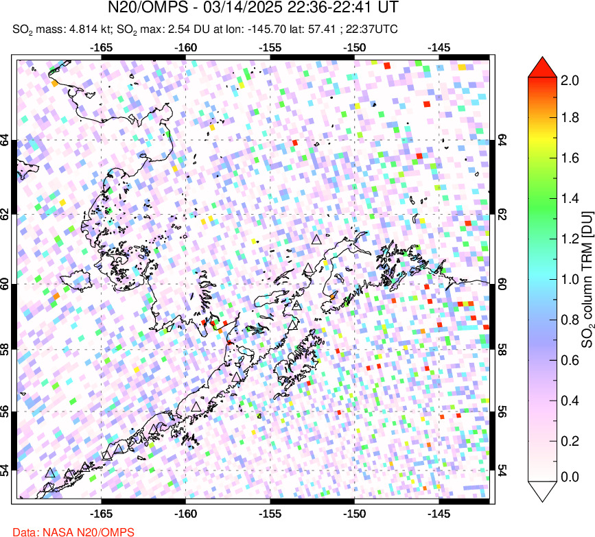 A sulfur dioxide image over Alaska, USA on Mar 14, 2025.