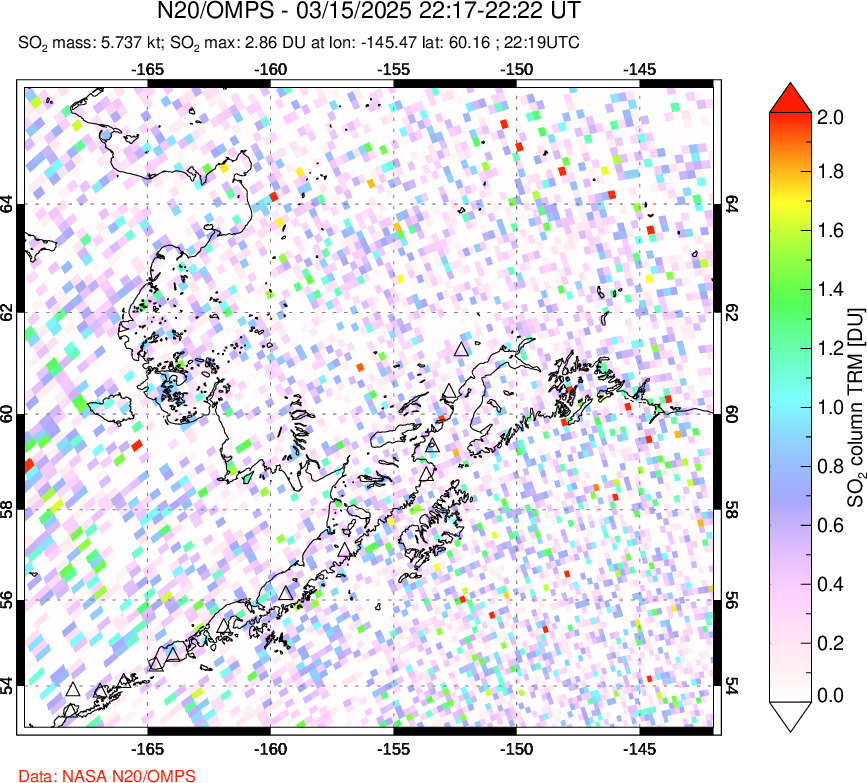 A sulfur dioxide image over Alaska, USA on Mar 15, 2025.