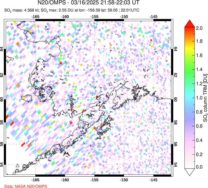 A sulfur dioxide image over Alaska, USA on Mar 16, 2025.