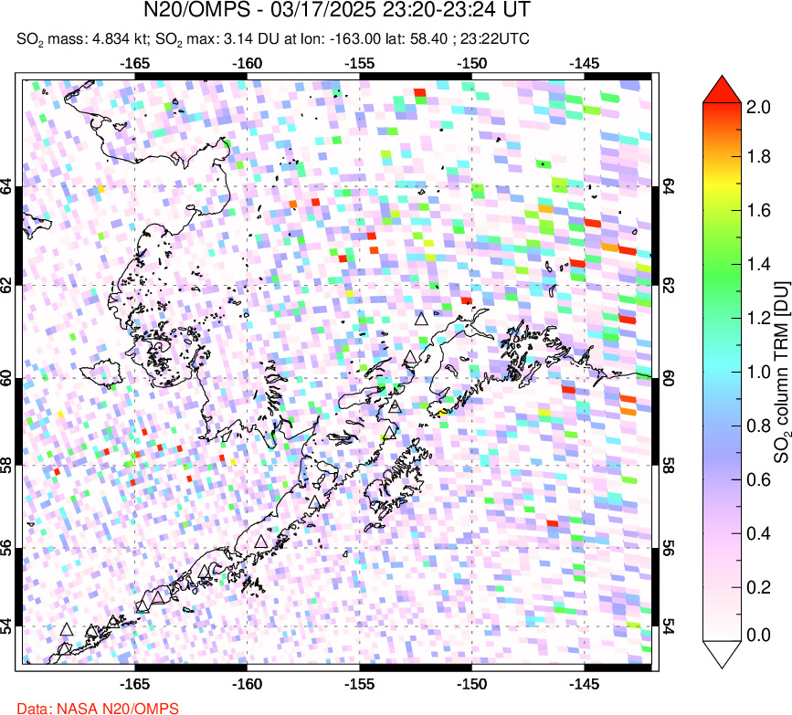 A sulfur dioxide image over Alaska, USA on Mar 17, 2025.