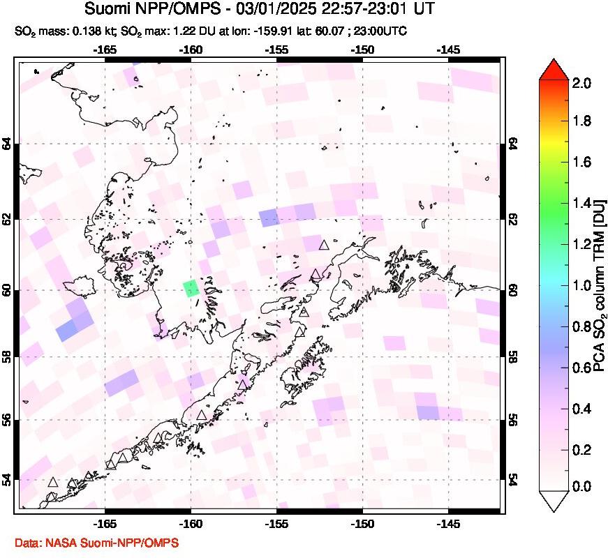 A sulfur dioxide image over Alaska, USA on Mar 01, 2025.