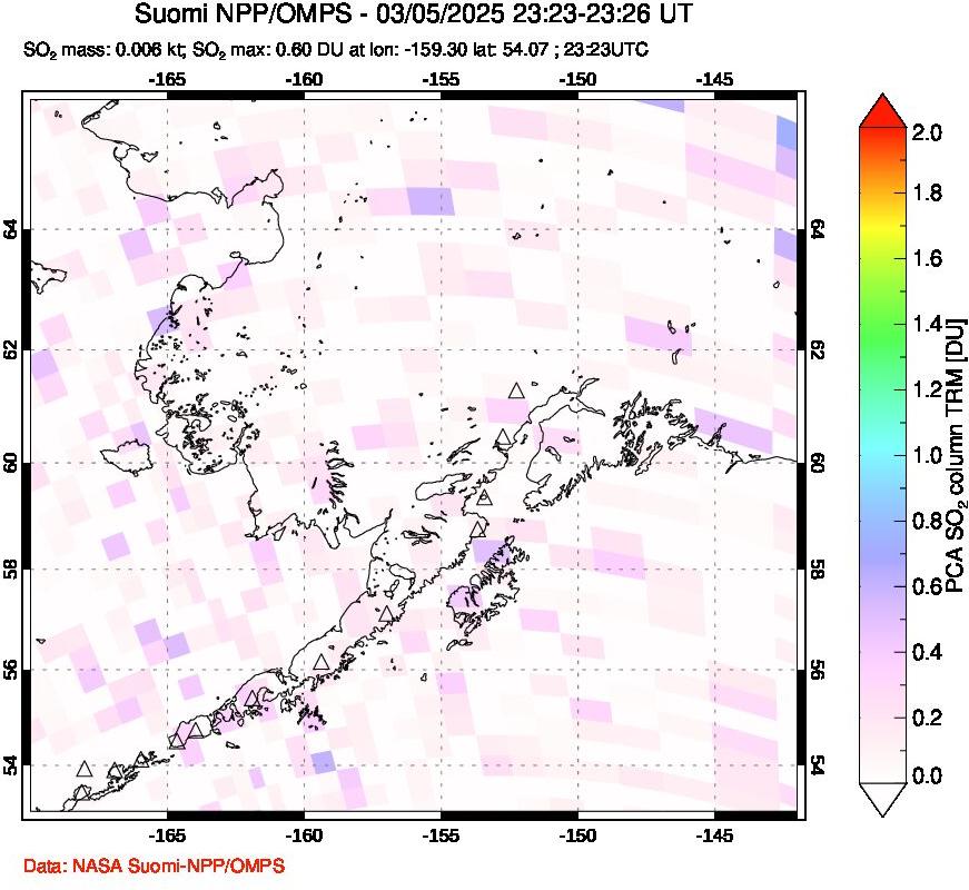 A sulfur dioxide image over Alaska, USA on Mar 05, 2025.