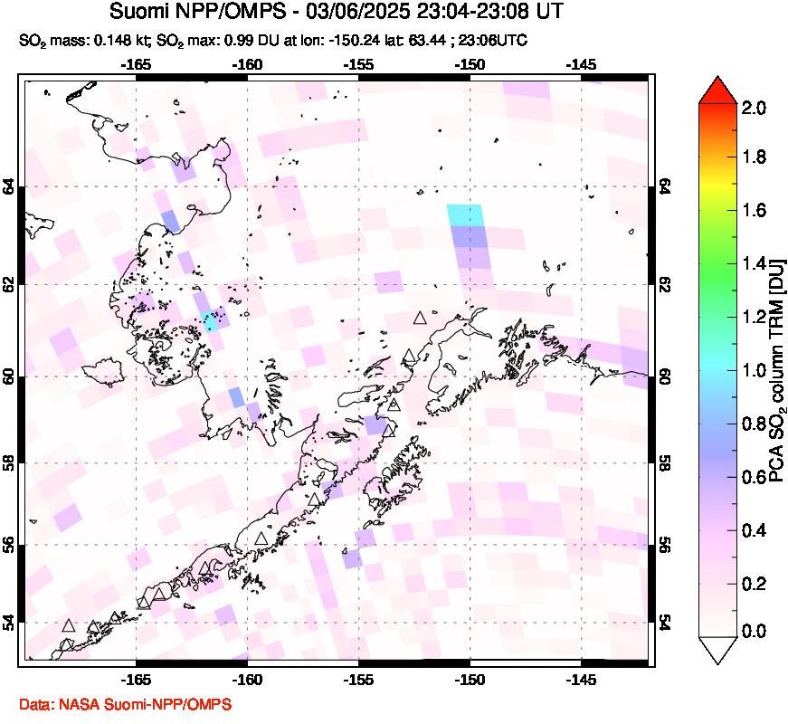 A sulfur dioxide image over Alaska, USA on Mar 06, 2025.