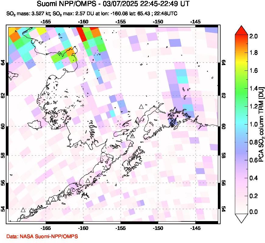 A sulfur dioxide image over Alaska, USA on Mar 07, 2025.