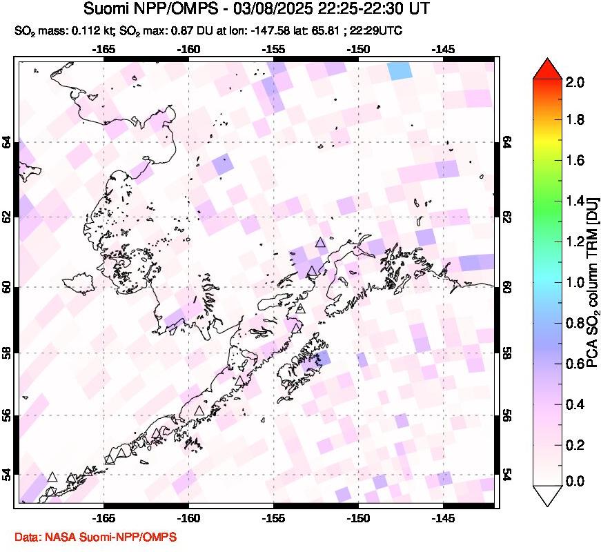 A sulfur dioxide image over Alaska, USA on Mar 08, 2025.