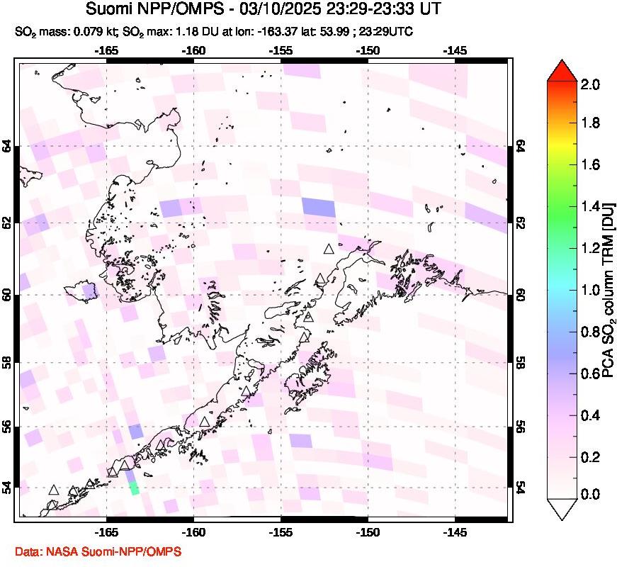 A sulfur dioxide image over Alaska, USA on Mar 10, 2025.