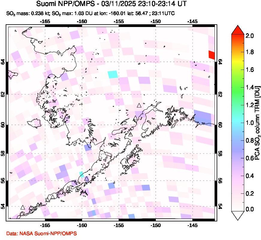 A sulfur dioxide image over Alaska, USA on Mar 11, 2025.