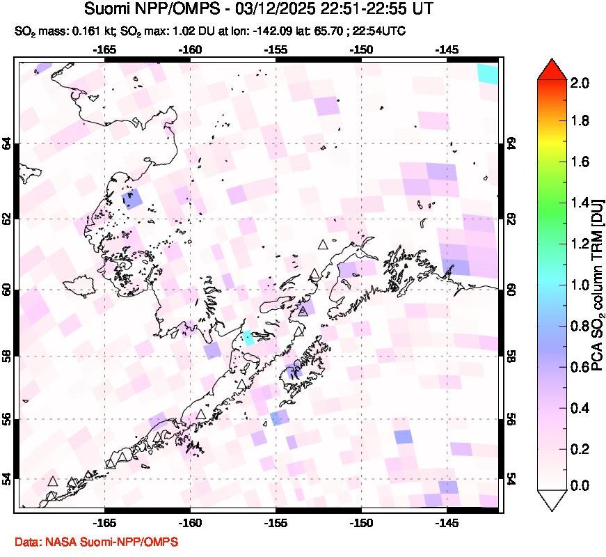 A sulfur dioxide image over Alaska, USA on Mar 12, 2025.