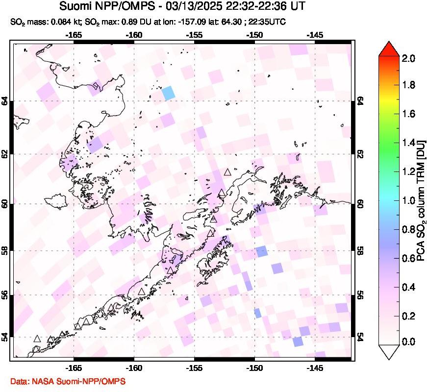 A sulfur dioxide image over Alaska, USA on Mar 13, 2025.