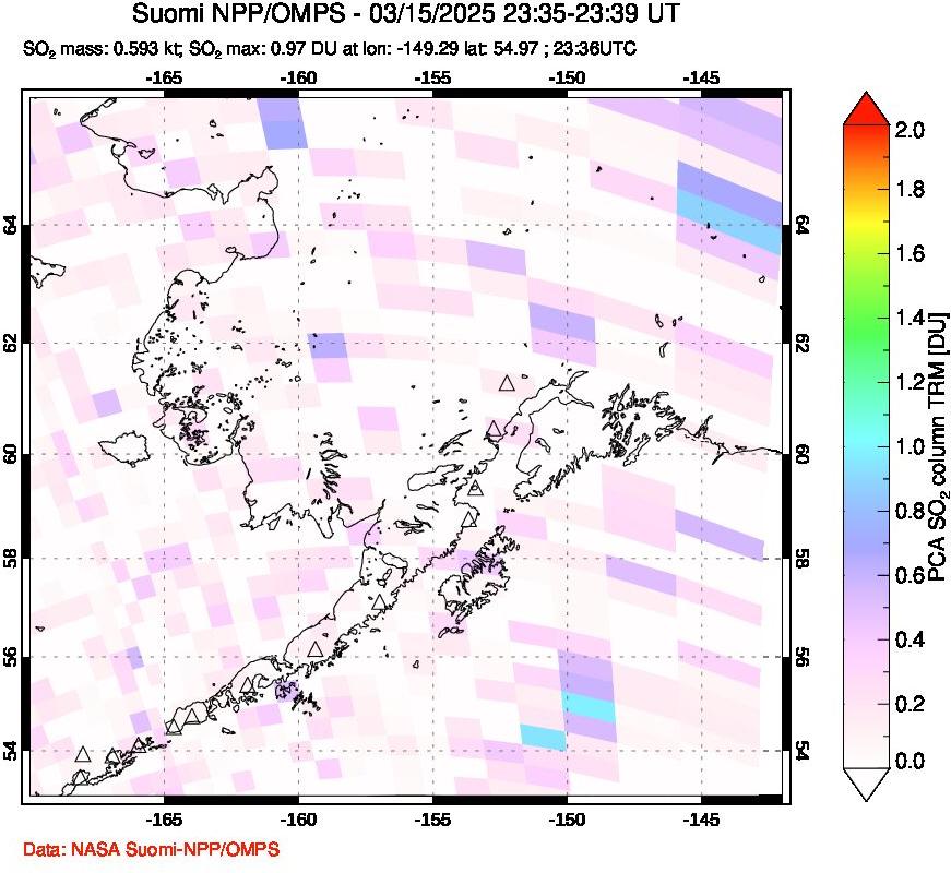 A sulfur dioxide image over Alaska, USA on Mar 15, 2025.