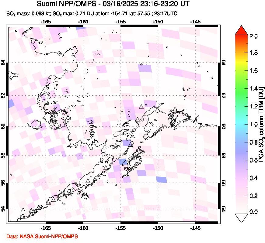 A sulfur dioxide image over Alaska, USA on Mar 16, 2025.