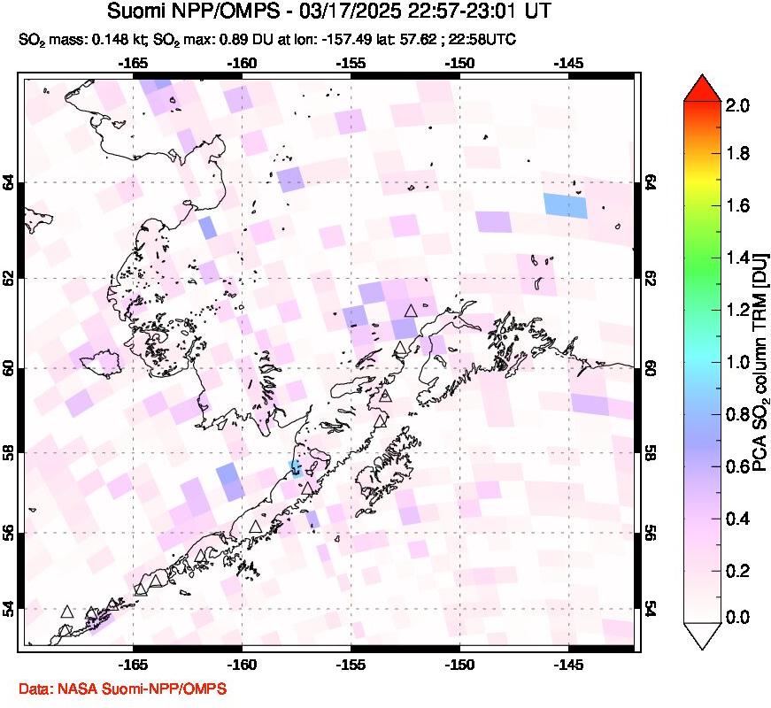 A sulfur dioxide image over Alaska, USA on Mar 17, 2025.