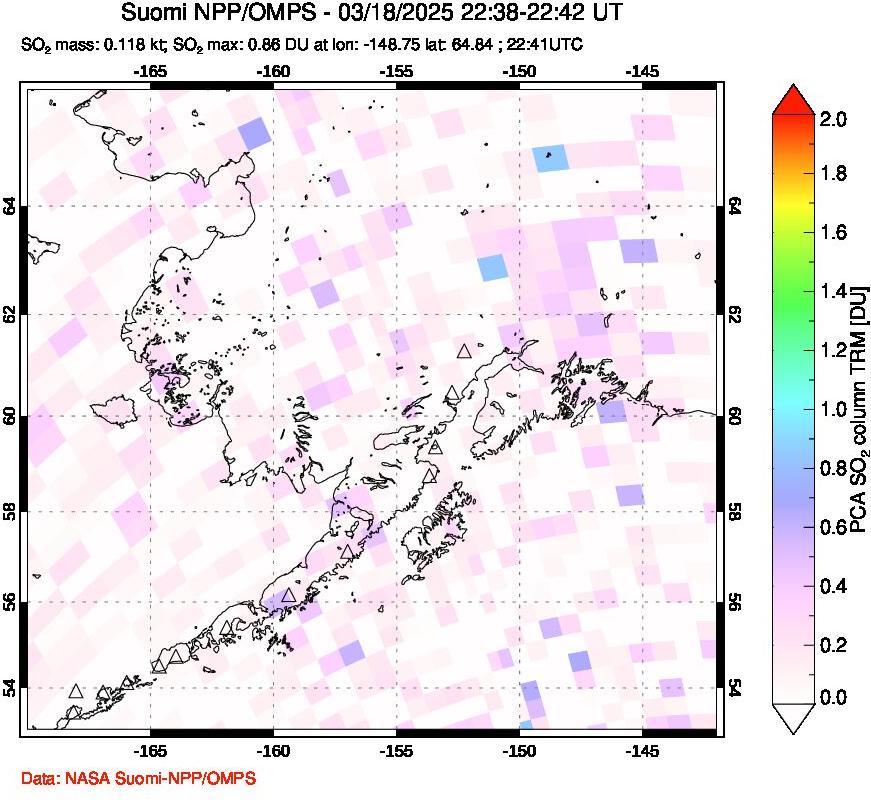 A sulfur dioxide image over Alaska, USA on Mar 18, 2025.