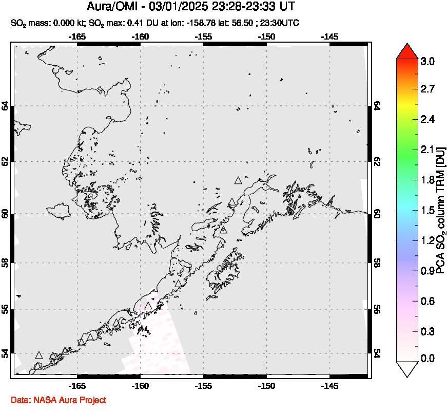 A sulfur dioxide image over Alaska, USA on Mar 01, 2025.