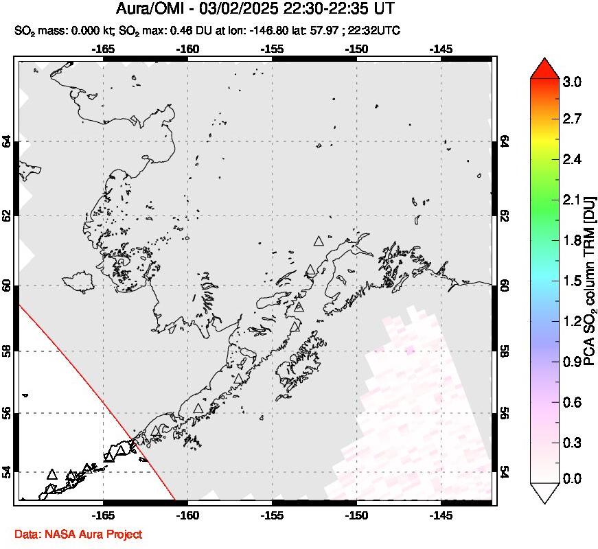 A sulfur dioxide image over Alaska, USA on Mar 02, 2025.