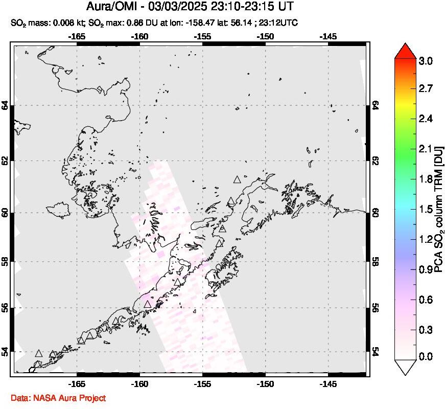 A sulfur dioxide image over Alaska, USA on Mar 03, 2025.