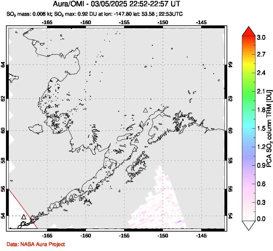 A sulfur dioxide image over Alaska, USA on Mar 05, 2025.